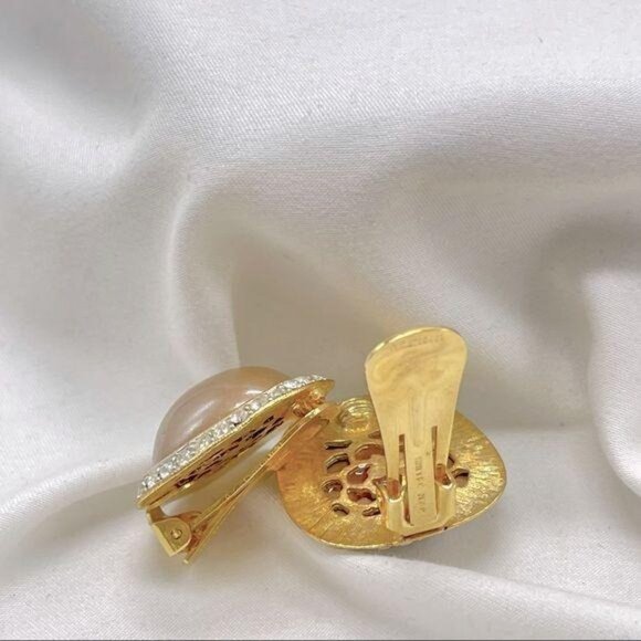 Joan Collins clip earrings champagne faux  pearl & crystal - Picture 3 of 5